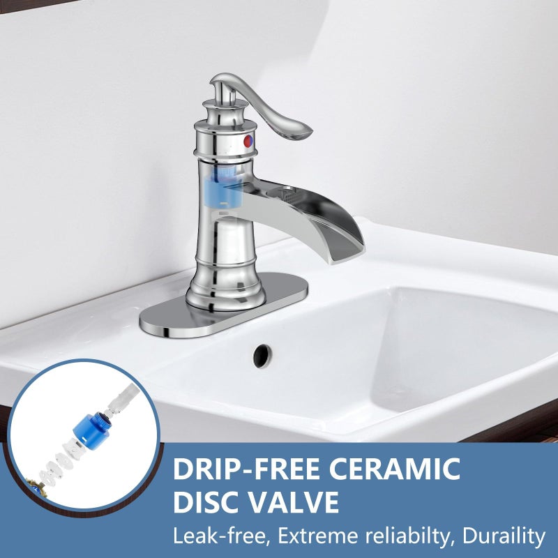 Homevacious Bathroom Faucet Chrome Waterfall Bathroom Sink Faucets with Single Handle Rustic Vanity Farmhouse RV Faucet Suitable for 1 or 3 Holes with Pop-up Drain Deck Plate Hose - Image 4
